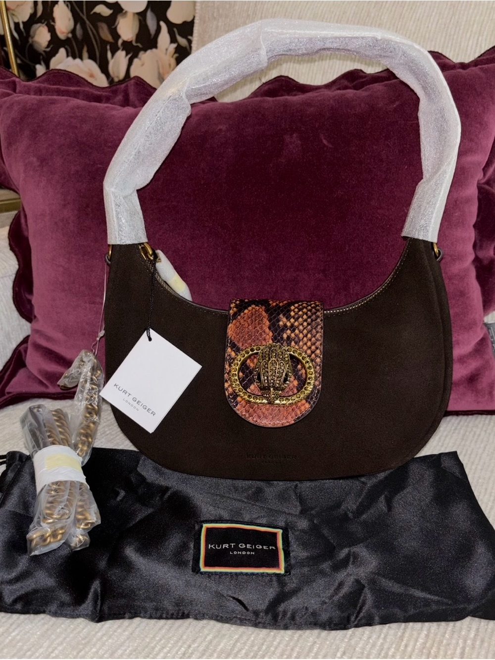 NWT Kurt Geiger London Chelsea Small Hobo Brown Suede Snake Print Leather Bag